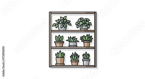 A simple illustration of a three-tiered shelf filled with various potted houseplants.
