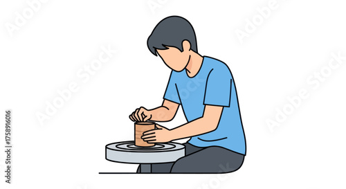 Young Man Creating Pottery on a Spinning Wheel Engaged in Ceramic Art.