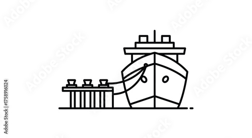 Stylized Line Art Illustration of a Large Ship Docked at a Pier.