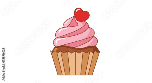 Delicious Pink Frosted Cupcake Topped with a Red Heart.