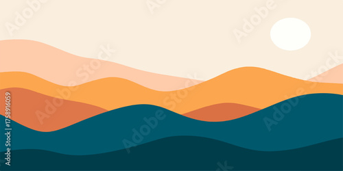 Vector illustration of a vibrant sunset over a misty mountain landscape with silhouette hills and a brilliant sky