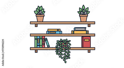 Vector Illustration of Wooden Shelves with Books and Plants.