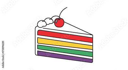 Colorful Rainbow Cake Slice Topped with a Cherry.
