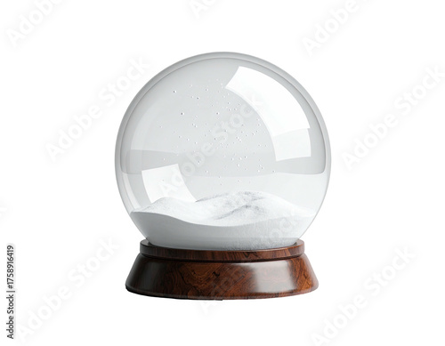 Empty glass snow globe with a dark wooden base isolated on a white background.