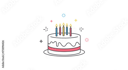 Festive Birthday Cake with Lit Candles and Decorations.