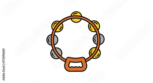 Circular Tambourine with Jingly Metal Cymbals and Orange Handle.