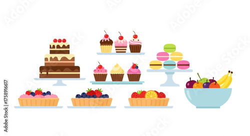 Assortment of delicious baked goods colorful desserts and fresh fruit.
