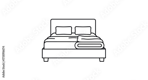 Simple Line Art Illustration of a Comfortable Bed with Pillows and Blanket.