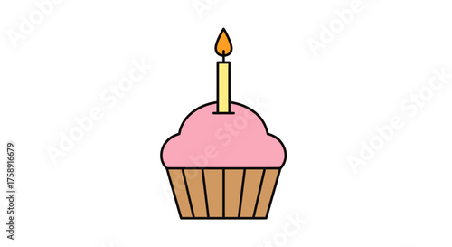 A single pink frosted cupcake with a lit candle on top.