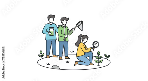 Group of People Exploring Nature with Magnifying Glass and Net.