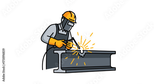 Welder in protective gear sparks bright light while joining metal beams.