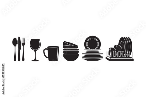 Collection of kitchen utensils and dinnerware silhouettes