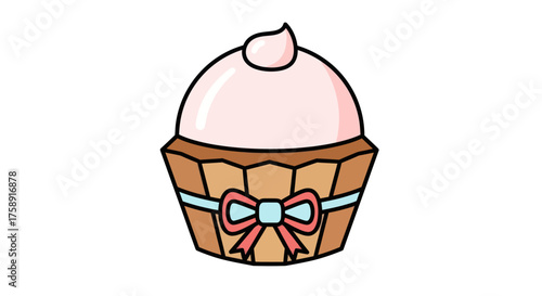 Cartoon Cupcake with Pink Frosting and Blue Ribbon.