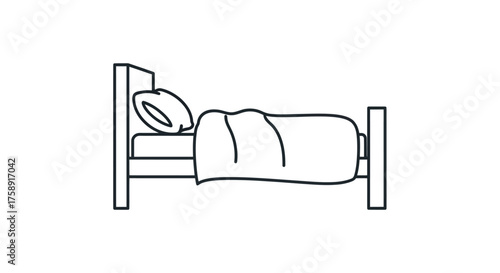 Simple Line Art Illustration of a Bed with Pillow and Blanket.
