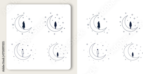 A solitary outline figure contemplates the celestial moon and stars in a dreamy minimalist graphic vector illustration 