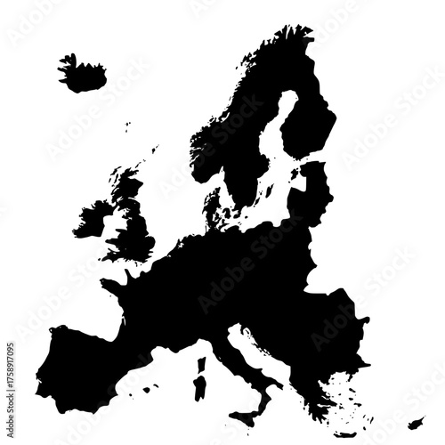 A bold black vector silhouette map of Europe set against a white background, highlighting the geographical boundaries of the entire continent.