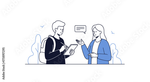 Two People Interacting One Writing Other Talking Line Art.