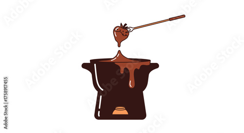 Strawberry Dipped in Melted Chocolate Fondue Pot with Fork.