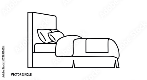 Simple Line Drawing of a Single Bed with Headboard and Pillows.