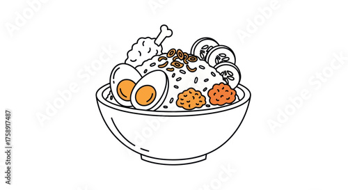 Bowl of Rice with Chicken Eggs and Cucumber Slices - Asian Cuisine Illustration.