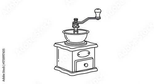 Hand-cranked Coffee Grinder Illustration with Bowl and Drawer.