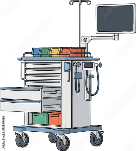 Medical crash cart with monitor and drawers.