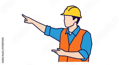 Construction worker in hard hat and safety vest pointing direction.