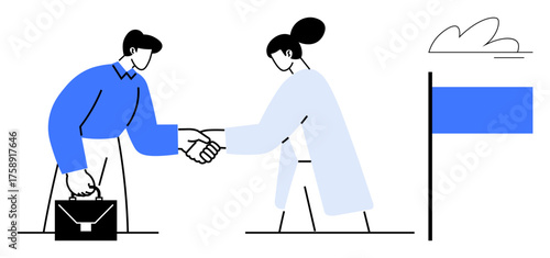 Two professionals shaking hands, one holding a briefcase, near a blue flag and cloud. Ideal for partnership, agreement, teamwork, negotiation, goal setting collaboration trust. Simple flat metaphor
