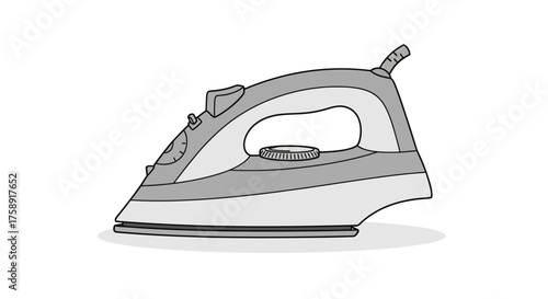 Gray and white electric iron with a triangular shape and a handle.