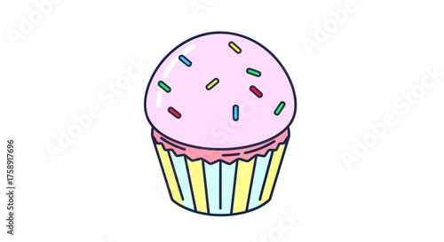 A single frosted cupcake with colorful sprinkles presented in a striped wrapper.