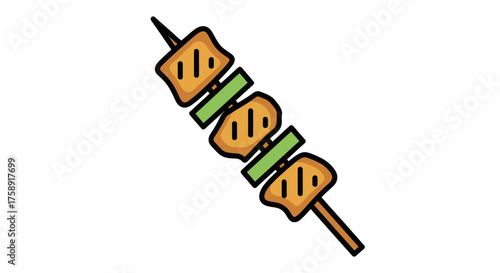 Colorful Skewer with Grilled Meat and Green Vegetables Illustration.