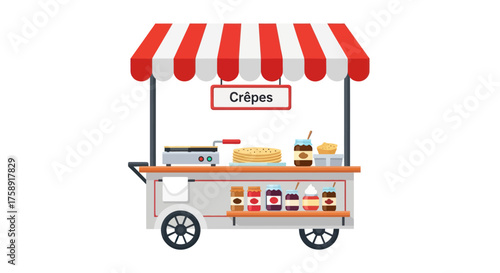 Crepes Food Cart with Red and White Striped Awning.