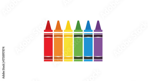 Colorful Array of Six Wax Crayons in Rainbow Colors.