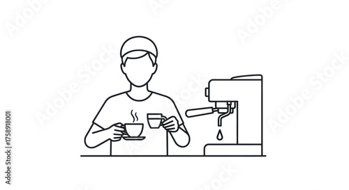 Man preparing coffee with an espresso machine holding a cup and saucer.