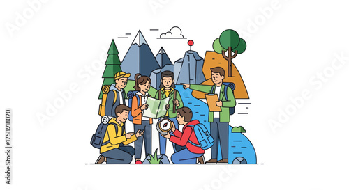 Diverse group of hikers planning an adventure in a mountainous landscape.