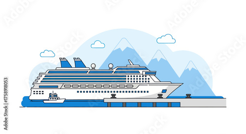 Modern Cruise Ship at Dock with Mountain Backdrop.