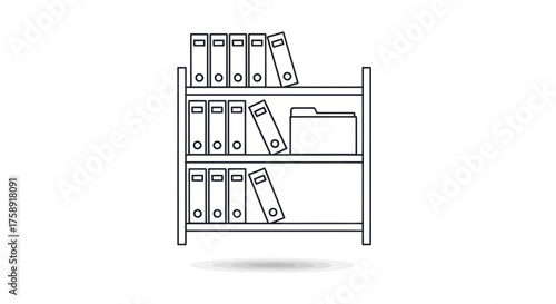 A simple line drawing of a three-shelf bookcase filled with binders and folders.