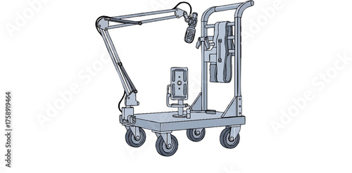 Medical Equipment Cart with Articulating Arm and Wheels.