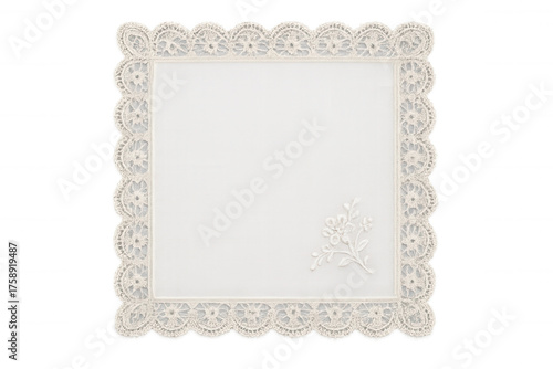 White vintage handkerchief featuring delicate lace crochet border and embroidered floral design, transparent background