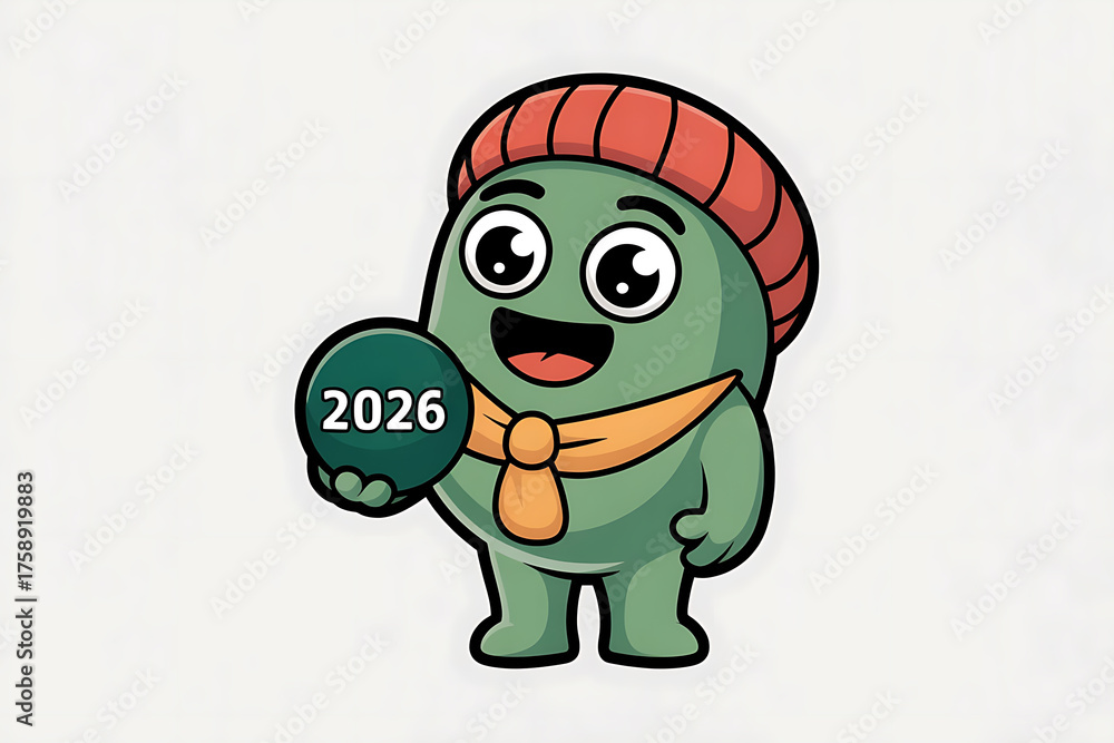 Obraz premium Cute green character wearing a hat, holding a sphere with '2026', conveying joy and anticipation.