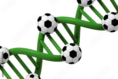 DNA structure composed of soccer balls, representing genetics and sports intertwined, visually striking.