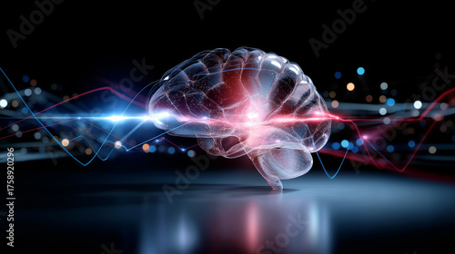 Scientific digital composition — brain scan model with energy pulses, futuristic data visualization design, with copy space.