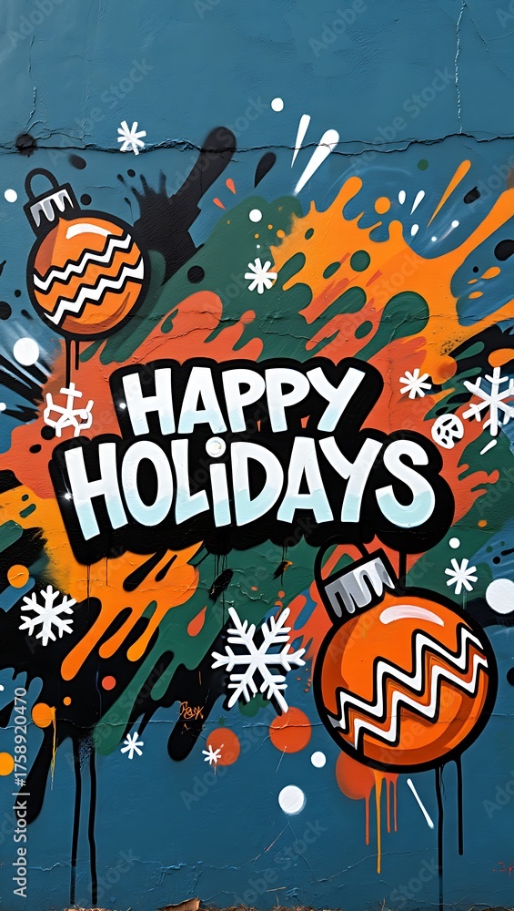 Fototapeta premium Happy Holidays Graffiti Art with Ornaments and Snowflakes Festive Design