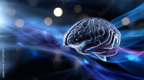 Futuristic medical visualization — layered digital brain showing data waves and connectivity analysis, with copy space.