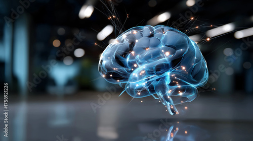 Scientific innovation imagery — detailed 3D brain scan glowing with energy nodes, medtech background, with copy space.