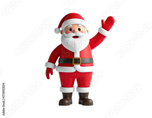 Cheerful 3D cartoon Santa Claus character waving hello.