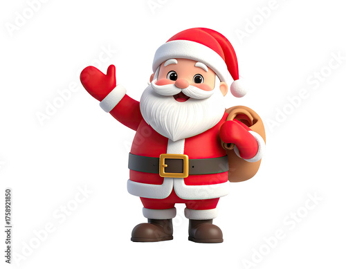 Charming 3D cartoon Santa Claus waving with a gift sack.