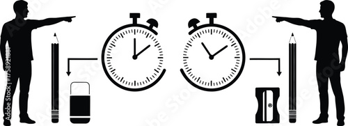 Two men pointing at stopwatches illustrating the concept of time management and deadlines in creative work