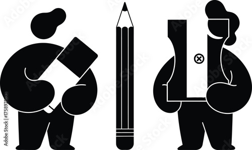 Two stylized black figures holding a book and a pencil sharpener with a large pencil in the center on a white background