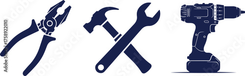 Navy Blue Icons Of Pliers Hammer Wrench And Drill On White Keywords: pliers, hammer, wrench, drill, tools, construction, repair